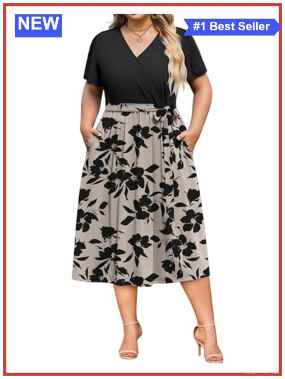 Plus Size Short Sleeve Wrap V-Neck Midi Dress with Pockets